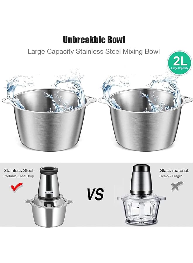 مايست مفرمة لحم كهربائية سعة 2 لتر، قوة 200 وات، محضرة طعام متعددة الوظائف من الفولاذ المقاوم للصدأ للحوم والخضروات والفواكه والمكسرات، مع تحكم بسرعتين لمطبخ المنزل والمطاعم - Image 5