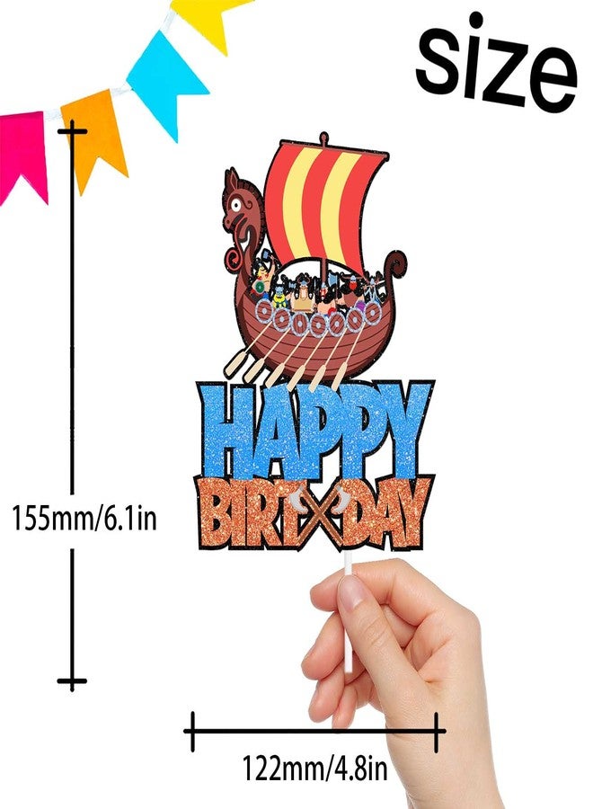 LETLIMIT Blue Glitter Pirate Ship Cake Topper Gold Viking Brave Barbarian Theme Decor Supplies Baby Shower Girls Boys Happy Birthday Party Decorations - Image 2