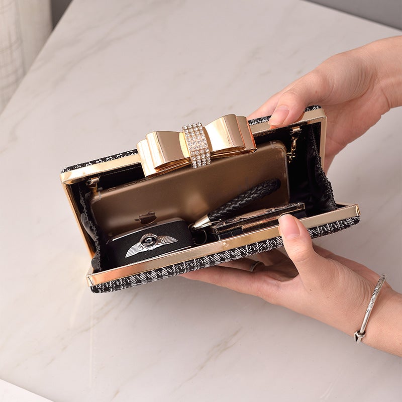 Elegant Black Evening Clutch with Bow and Rhinestone, PU Hard Shell Party Handbag - Image 3