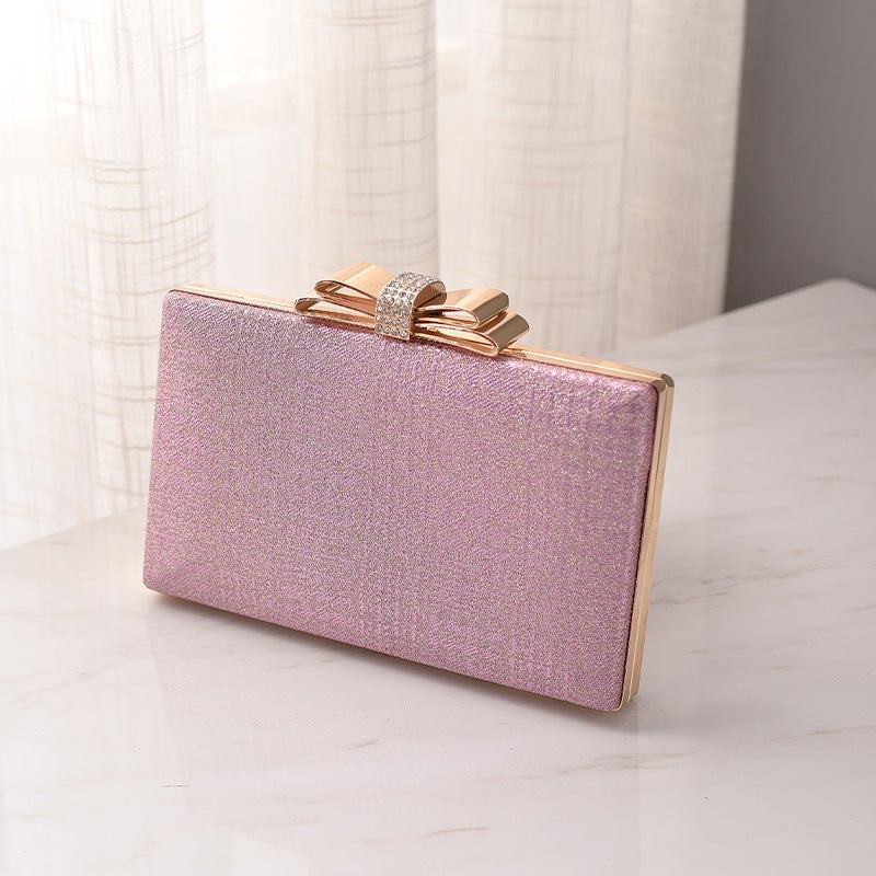 Elegant Black Evening Clutch with Bow and Rhinestone, PU Hard Shell Party Handbag - Image 1
