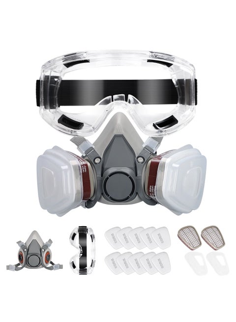 Reusable Half Face Respirator Mask with Filters, Paint Protection Face Shield & Safety Glasses for Woodworking, Chemical, and Painting Work