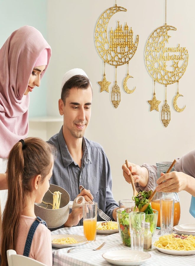 قطعتان من لافتات عيد مبارك الخشبية المعلقة على الباب، وزينة رمضان كريم المجوفة على شكل هلال ونجوم، وحامل حائط خشبي على شكل هلال لحفلات رمضان مبارك لتزيين المنزل الإسلامي - Image 3