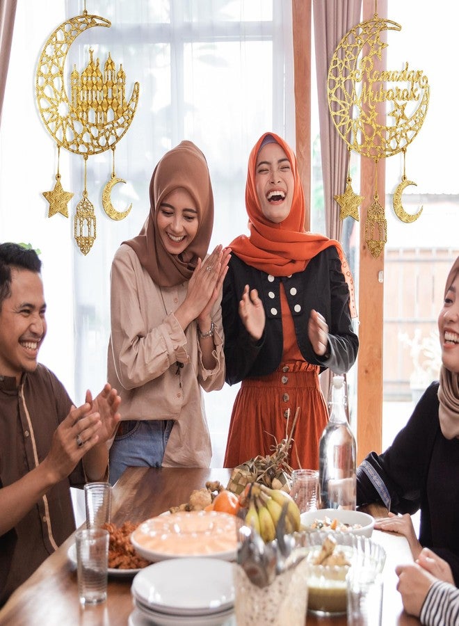 قطعتان من لافتات عيد مبارك الخشبية المعلقة على الباب، وزينة رمضان كريم المجوفة على شكل هلال ونجوم، وحامل حائط خشبي على شكل هلال لحفلات رمضان مبارك لتزيين المنزل الإسلامي - Image 4
