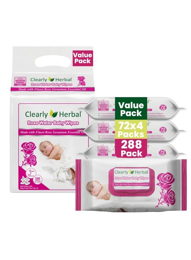 Clearly Herbal مناديل الأطفال اللطيفة بماء الورد (72 قطعة × 4 عبوات = 288 منديل) - Image 1
