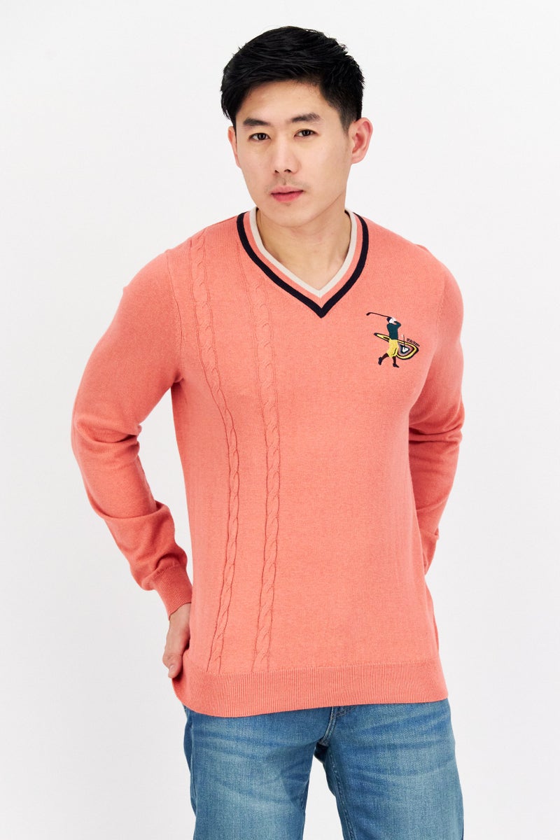 Lyle & Scott Men V-Neck Embroidered Long Sleeves Sweater, Pink - Image 1
