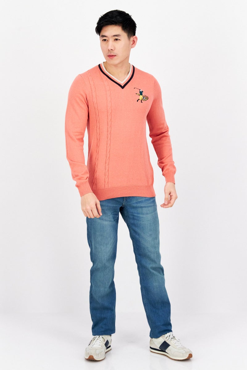 Lyle & Scott Men V-Neck Embroidered Long Sleeves Sweater, Pink - Image 3
