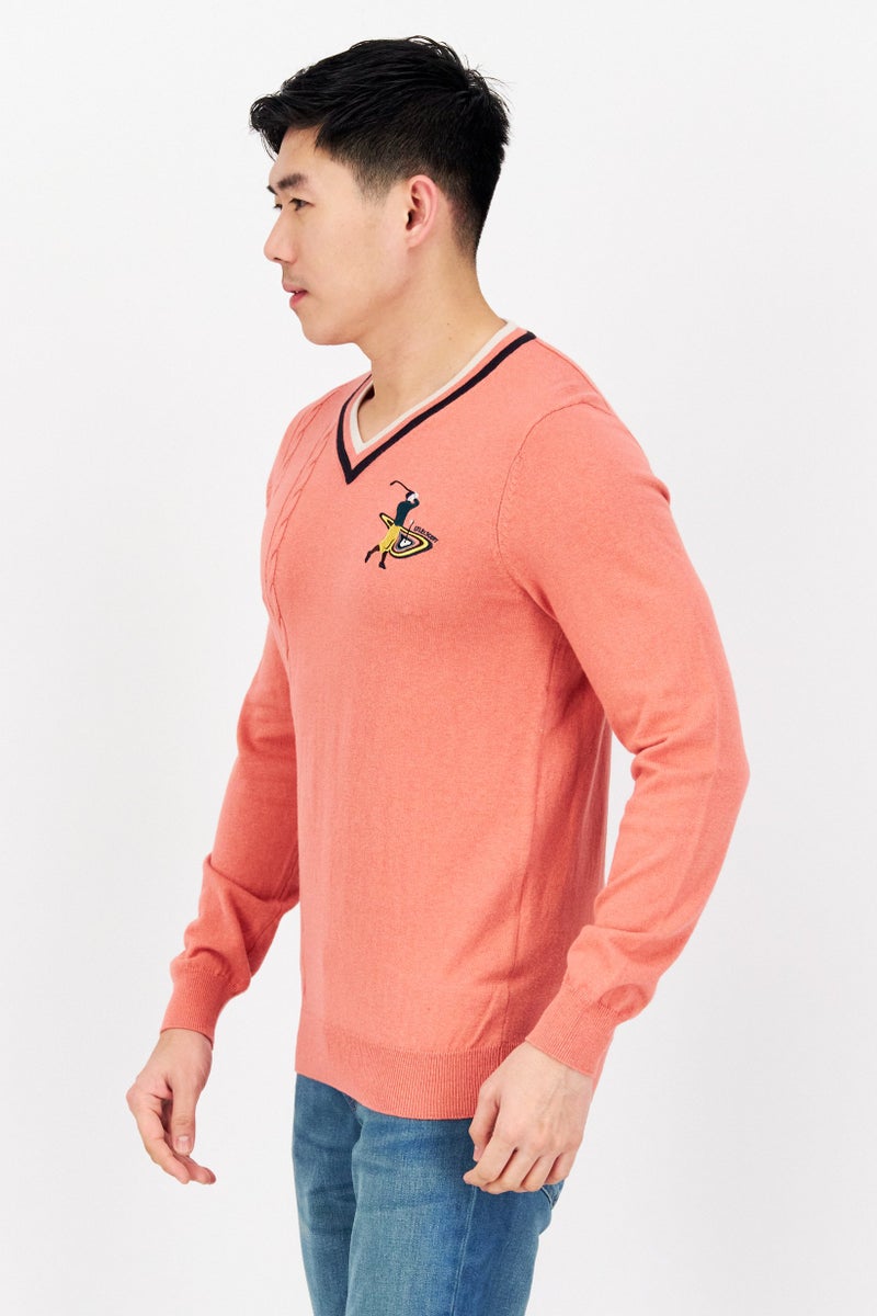 Lyle & Scott Men V-Neck Embroidered Long Sleeves Sweater, Pink - Image 2