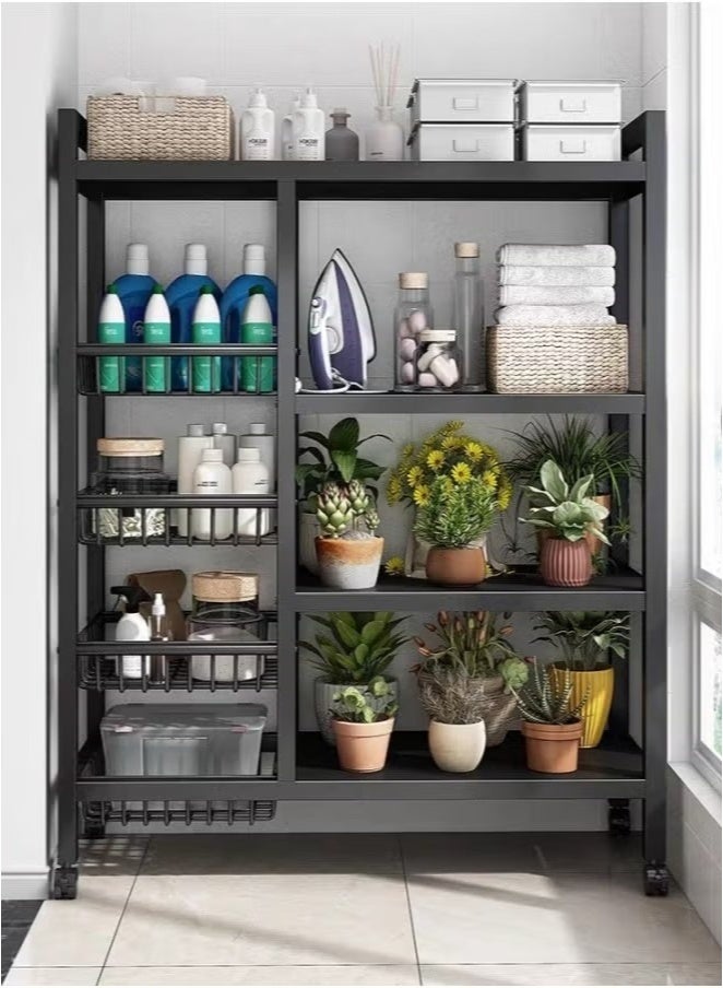 كادي ون رف تخزين متحرك متعدد الوظائف مكون من 4 طبقات و4 شبكات باللون الأسود,أرفف تخزين معدنية مكونة من 4 طبقات, عربة خضار متنقلة مزودة بعجلات, حامل تنظيم المطبخ من 4 مستويات مع 4 سلال شبكية 108*80*32 سم - Image 2