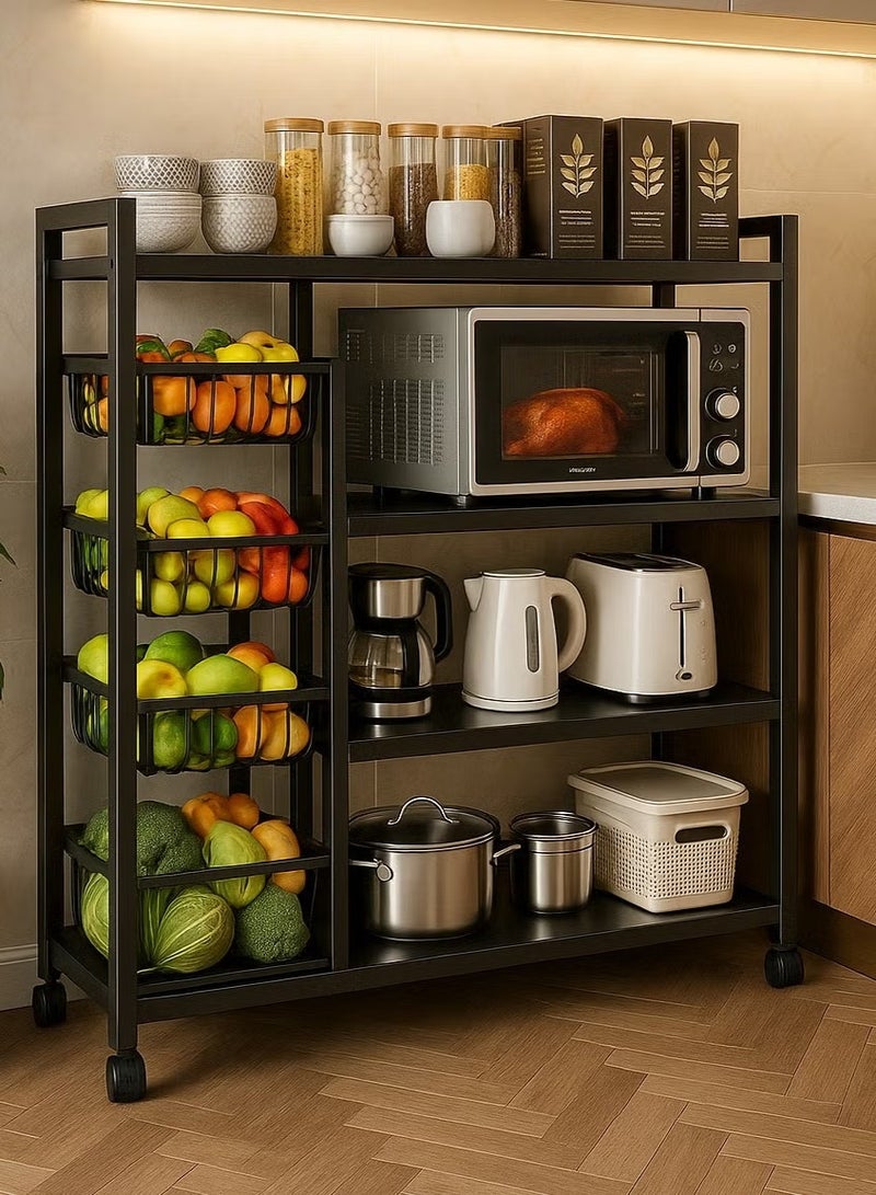 كادي ون رف تخزين متحرك متعدد الوظائف مكون من 4 طبقات و4 شبكات باللون الأسود,أرفف تخزين معدنية مكونة من 4 طبقات, عربة خضار متنقلة مزودة بعجلات, حامل تنظيم المطبخ من 4 مستويات مع 4 سلال شبكية 108*80*32 سم - Image 1