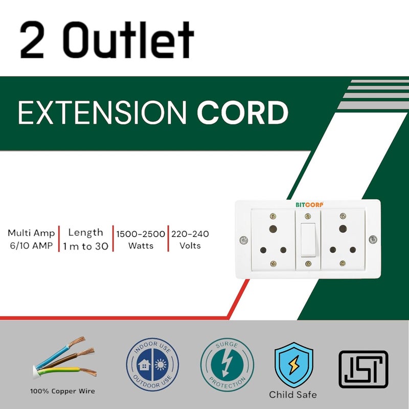 BITCORP Bitcorp Extension Board 6A Muti Pin 2 Socket 1 Switch 1500 Load Capacity with Surge Protector 8 Meter Long Cable Cord for Heavy Duty Home Kitchen Office Outdoor Indoor Appliances White  - Image 2