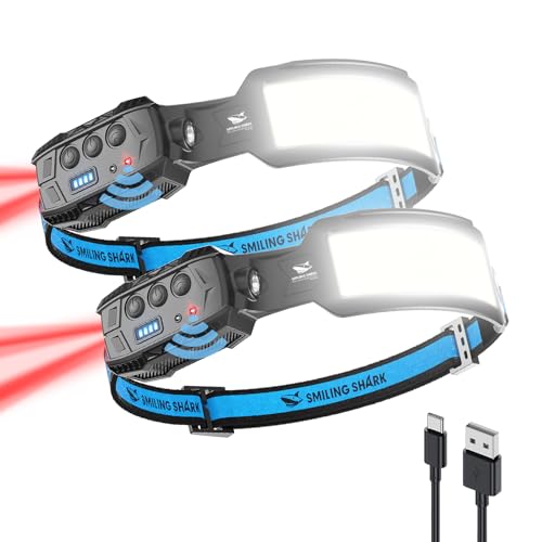 Smiling Shark Headlamp, 2 Pack Head Lamps Led Rechargeable 6 Modes 7*White Lights 270° Lighting Width Motion Sensor Red Tail Light for Camping Fishing Repairation, LED-Headlamp-Rechargeable-Light - Image 1