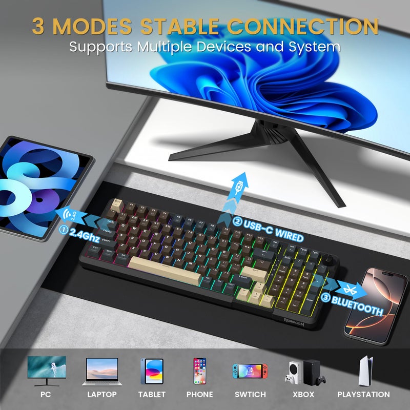 Redragon K742 Wireless Mechanical Gaming Keyboard with Knob, Bluetooth 5.0/2.4GHz/USB C Wired Creamy Keyboard with Number Pad for PC Computer, RGB Backlits, Hot-Swappable with Linear Switches (Brown) - Image 3