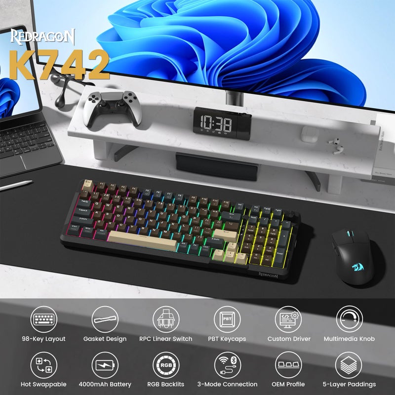 Redragon K742 Wireless Mechanical Gaming Keyboard with Knob, Bluetooth 5.0/2.4GHz/USB C Wired Creamy Keyboard with Number Pad for PC Computer, RGB Backlits, Hot-Swappable with Linear Switches (Brown) - Image 1