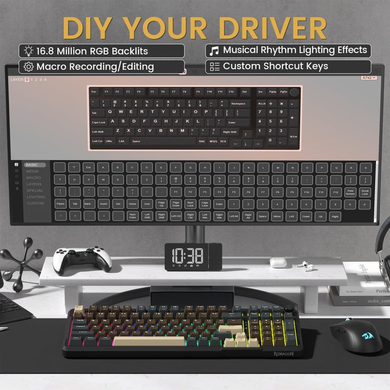 Redragon K742 Wireless Mechanical Gaming Keyboard with Knob, Bluetooth 5.0/2.4GHz/USB C Wired Creamy Keyboard with Number Pad for PC Computer, RGB Backlits, Hot-Swappable with Linear Switches (Brown) - Image 2