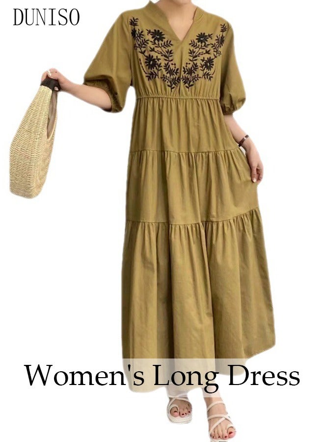 DUNISO Retro Elegant Dress for Women Puff Sleeve Floral Embroidered  Maxi Dress Boho Casual V Neck Long Dress - Image 5