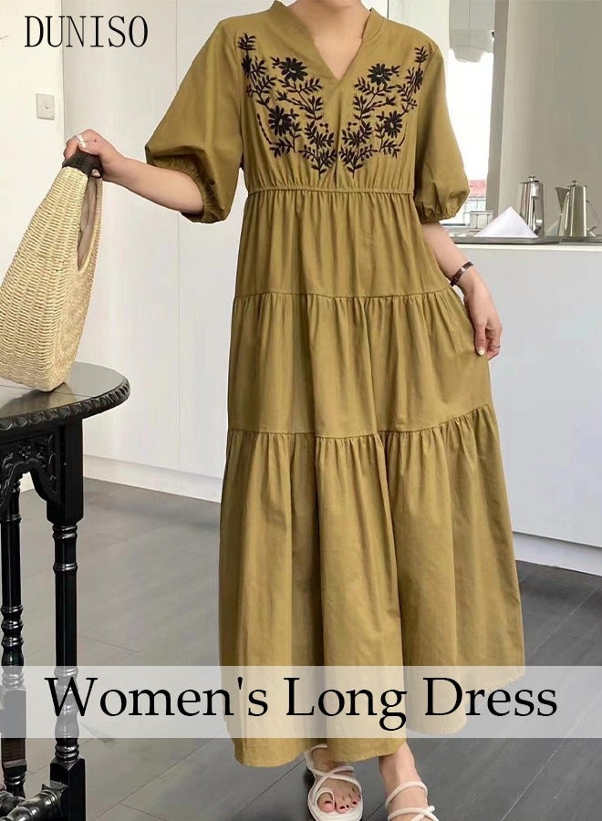 DUNISO Retro Elegant Dress for Women Puff Sleeve Floral Embroidered  Maxi Dress Boho Casual V Neck Long Dress - Image 1