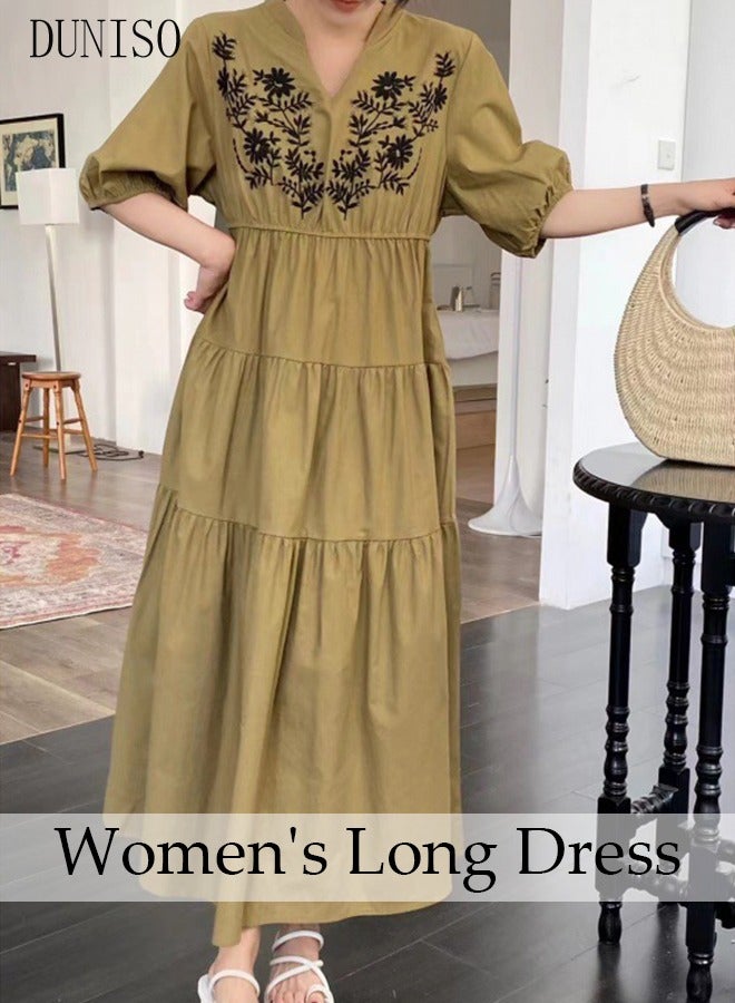 DUNISO Retro Elegant Dress for Women Puff Sleeve Floral Embroidered  Maxi Dress Boho Casual V Neck Long Dress - Image 3
