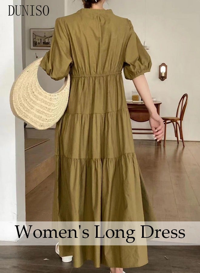 DUNISO Retro Elegant Dress for Women Puff Sleeve Floral Embroidered  Maxi Dress Boho Casual V Neck Long Dress - Image 2