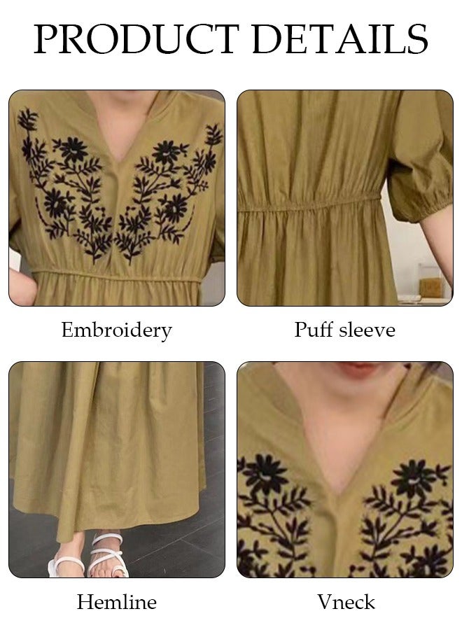 DUNISO Retro Elegant Dress for Women Puff Sleeve Floral Embroidered  Maxi Dress Boho Casual V Neck Long Dress - Image 4