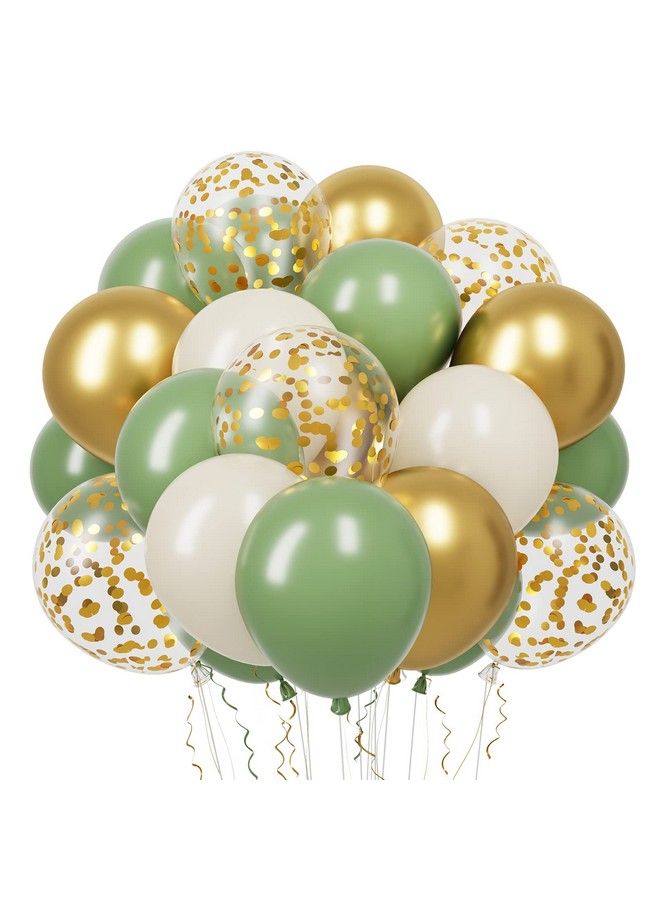 RUBFAC 65 Pcs 12 Inches Sage Green Gold Confetti Balloons Kit Green Gold Sand White Party Balloons With Ribbons For Birthday Wedding Baby Shower Graduation Eucalyptus Party Decorations - Image 2