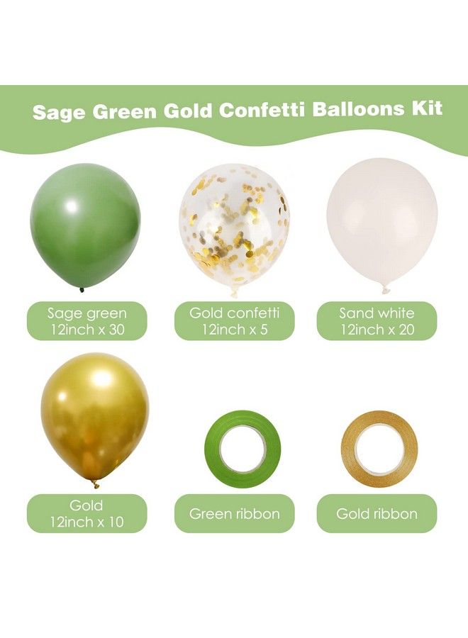 RUBFAC 65 Pcs 12 Inches Sage Green Gold Confetti Balloons Kit Green Gold Sand White Party Balloons With Ribbons For Birthday Wedding Baby Shower Graduation Eucalyptus Party Decorations - Image 3