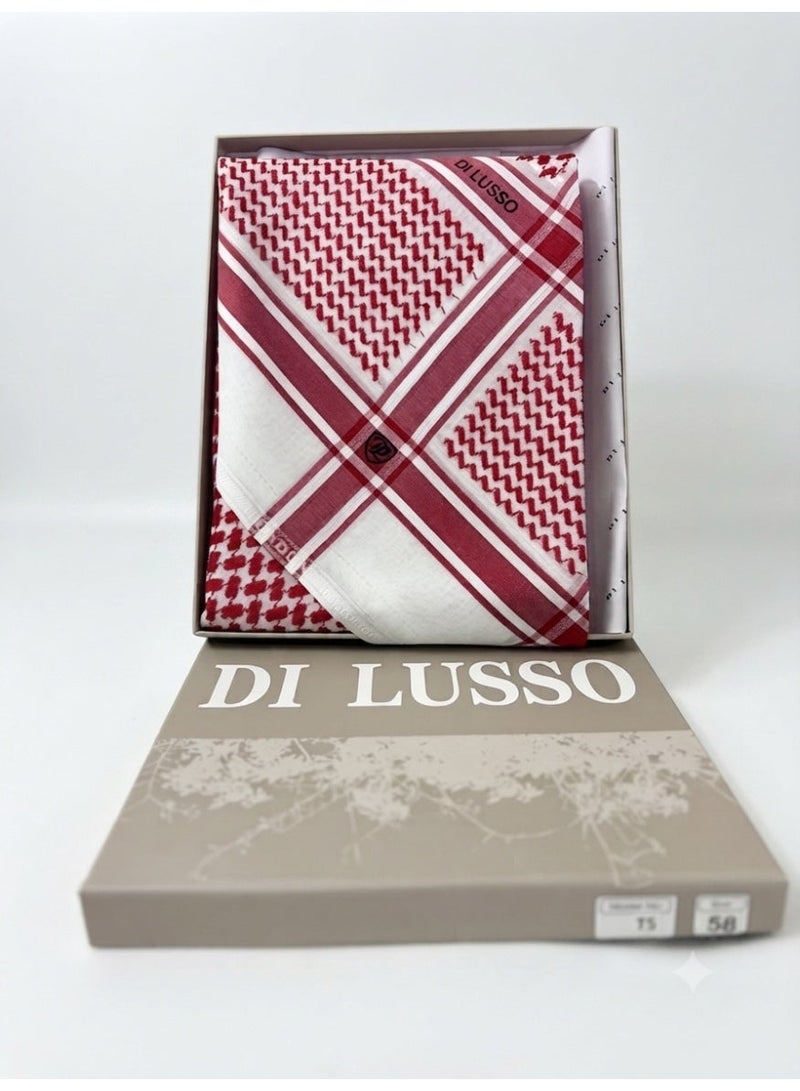 شماغ احمر إنجليزي بنقشة مميزة Di Lusso | شماغ دي لوسو إنجليزي قطن طبيعي 100%، يتميز بجودة عالية وتصميم كلاسيكي فاخر، يجمع بين الأناقة والملمس الناعم. - Image 1