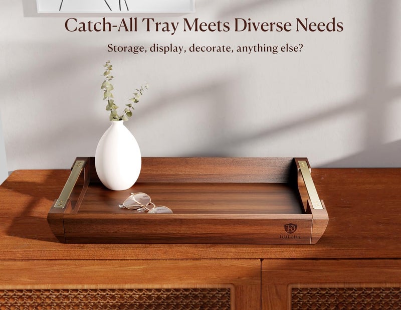 Dofira Acacia Wood Serving Tray with Metal Handles 17x13in Large Ottoman Tray Food Drinks Tray for Coffee Table Breakfast Dinner  Bar Rustic Decorative Tray for Kitchen Bedroom Gift Box - Image 5