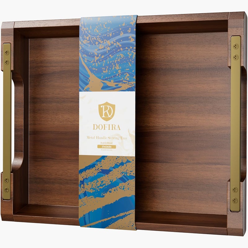 Dofira Acacia Wood Serving Tray with Metal Handles 17x13in Large Ottoman Tray Food Drinks Tray for Coffee Table Breakfast Dinner  Bar Rustic Decorative Tray for Kitchen Bedroom Gift Box - Image 1