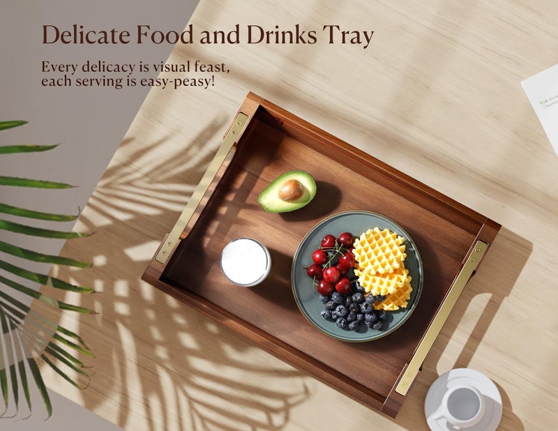 Dofira Acacia Wood Serving Tray with Metal Handles 17x13in Large Ottoman Tray Food Drinks Tray for Coffee Table Breakfast Dinner  Bar Rustic Decorative Tray for Kitchen Bedroom Gift Box - Image 4