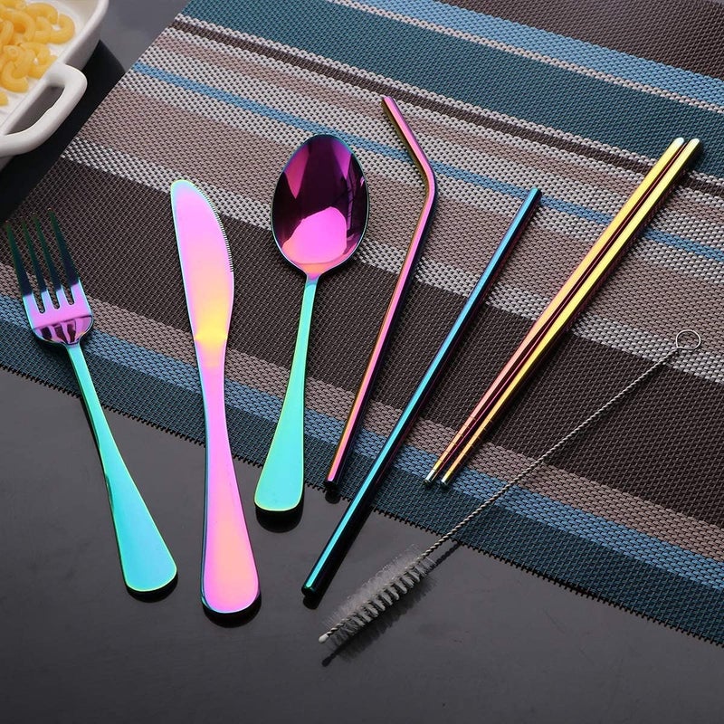 OASMU Travel Utensils Set with Case Reusable Portable Cutlery Set Stainless Steel 8pcs Including Dinner Knife Fork Spoon Chopsticks Straws(Rainbow) - Image 2