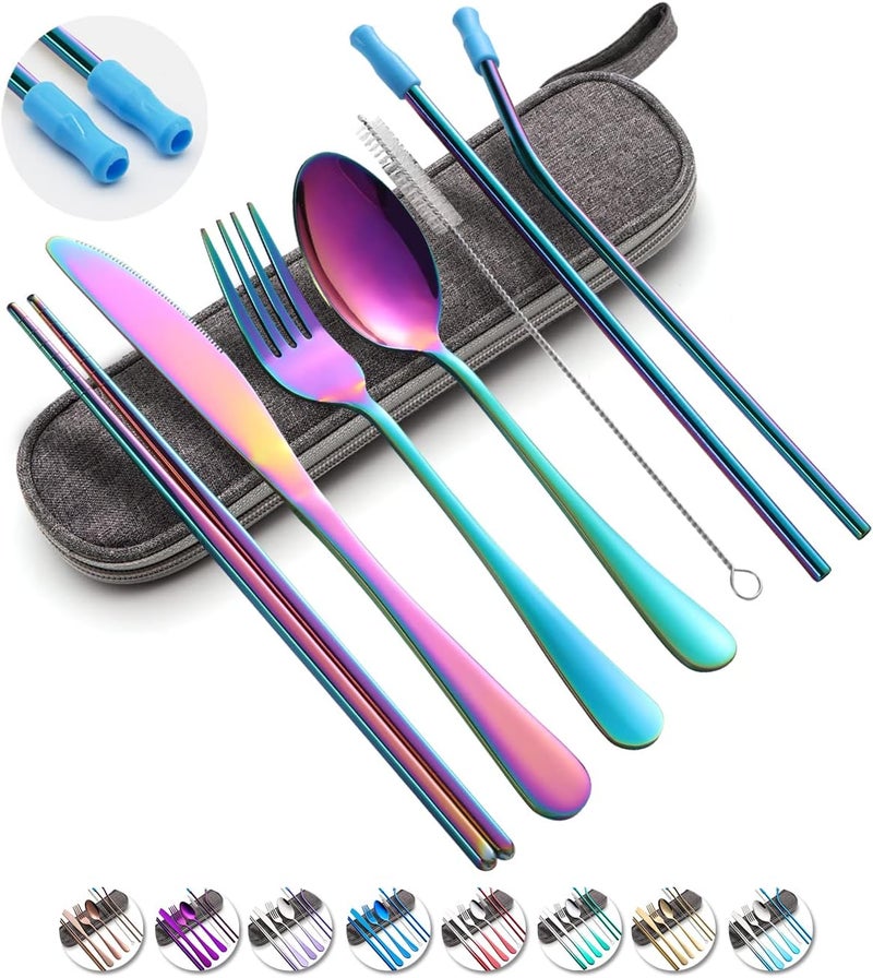 OASMU Travel Utensils Set with Case Reusable Portable Cutlery Set Stainless Steel 8pcs Including Dinner Knife Fork Spoon Chopsticks Straws(Rainbow) - Image 1