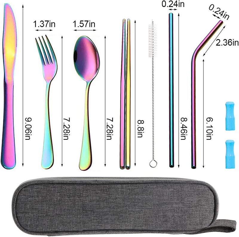 OASMU Travel Utensils Set with Case Reusable Portable Cutlery Set Stainless Steel 8pcs Including Dinner Knife Fork Spoon Chopsticks Straws(Rainbow) - Image 3