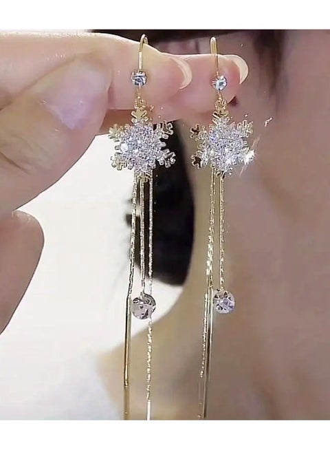 ندفة الثلج تصميم سلسلة طويلة مع الزركونيا المتلألئة مطعمة الأقراط المتدلية نمط أنيق النحاس المجوهرات الحزب الحلي