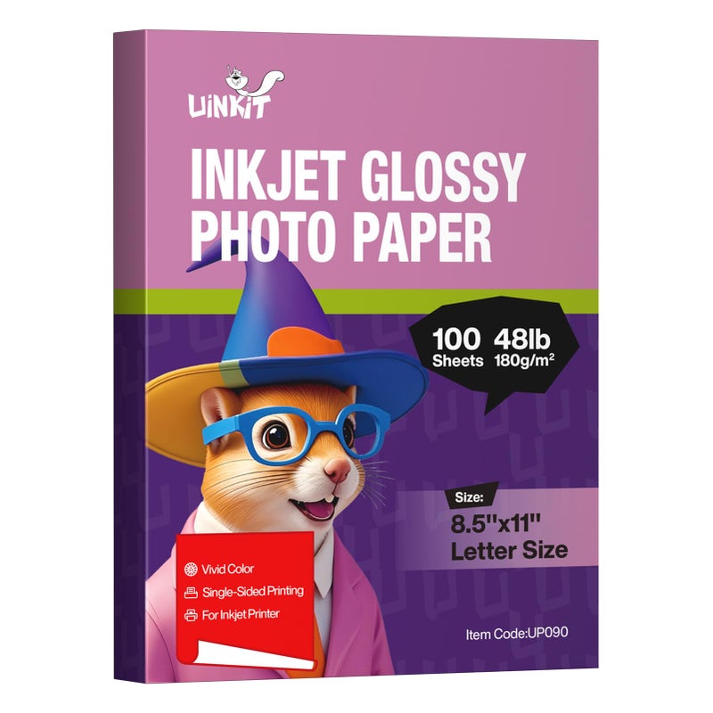 Uinkit Glossy 8.5x11 100 Sheets Inkjet Photo Paper 48lb 180Gsm Professional Photographic Paper Letter Size 8.5Mil Instant Dry Suitable for All Ink Printers - Image 1