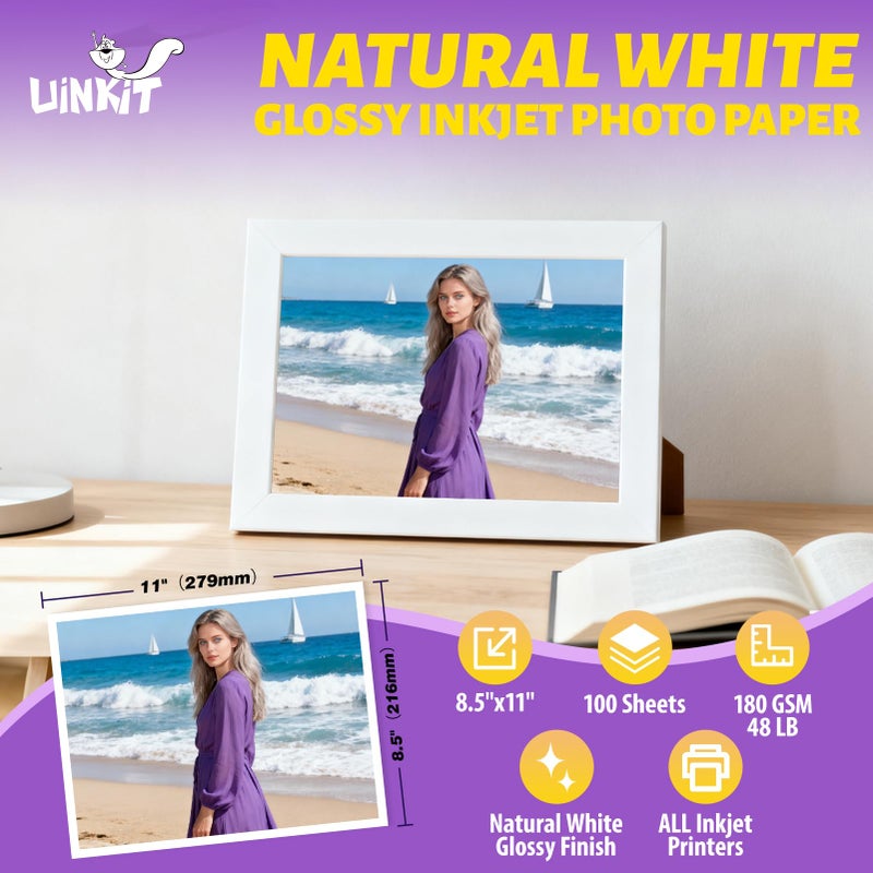 Uinkit Glossy 8.5x11 100 Sheets Inkjet Photo Paper 48lb 180Gsm Professional Photographic Paper Letter Size 8.5Mil Instant Dry Suitable for All Ink Printers - Image 2