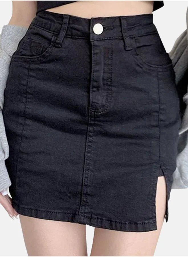 يونيكي Black Solid Straight Mini Denim Skirts