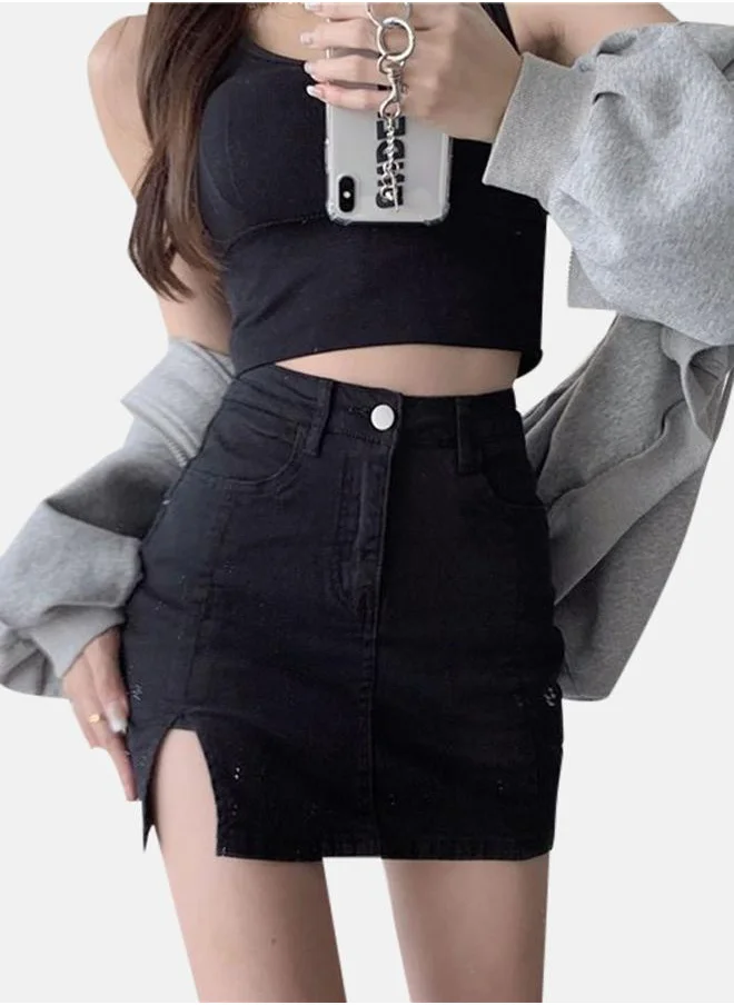 يونيكي Black Solid Straight Mini Denim Skirts