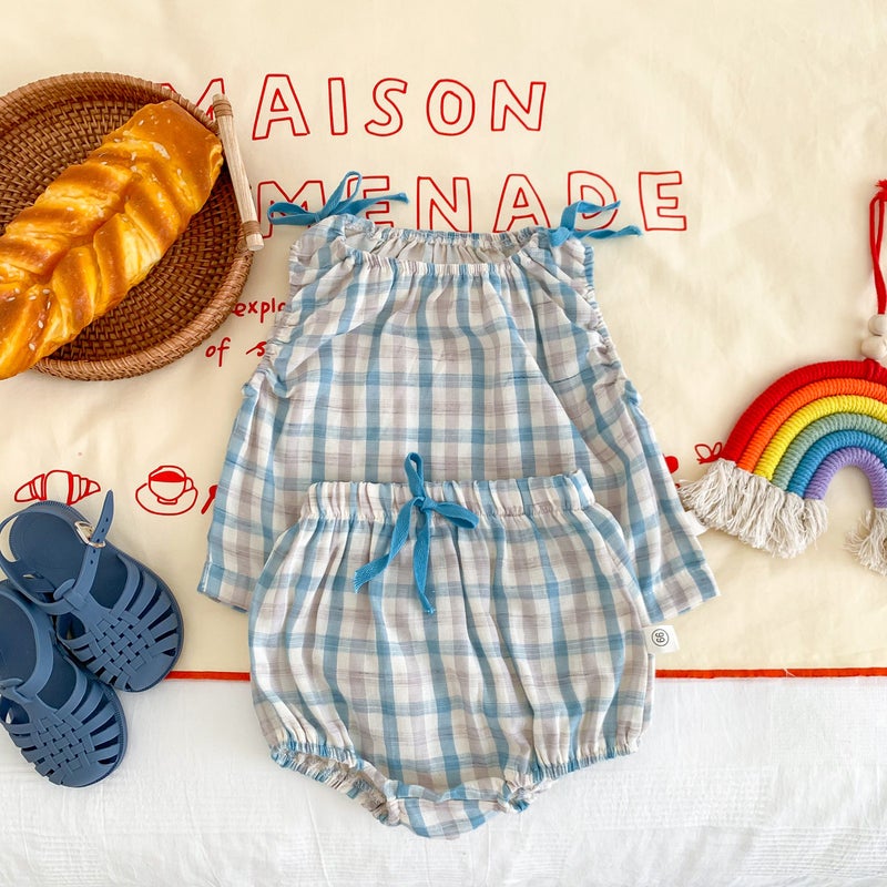 ins Korean-style Summer New Baby Girl Contrast Color Plaid Set Baby Sleeveless Shorts Outgoing Thin Two-piece Set Blue 