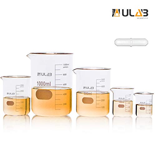 ULAB Scientific Glass Beaker Set with Magnetic Stir Bar Offered 5 Sizes 50ml 100ml 250ml 500ml 1000ml 33 Boro Griffin Low Form with Printed Graduation UBG1002 - Image 3