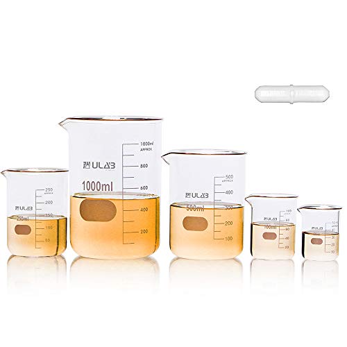 ULAB Scientific Glass Beaker Set with Magnetic Stir Bar Offered 5 Sizes 50ml 100ml 250ml 500ml 1000ml 33 Boro Griffin Low Form with Printed Graduation UBG1002 - Image 1