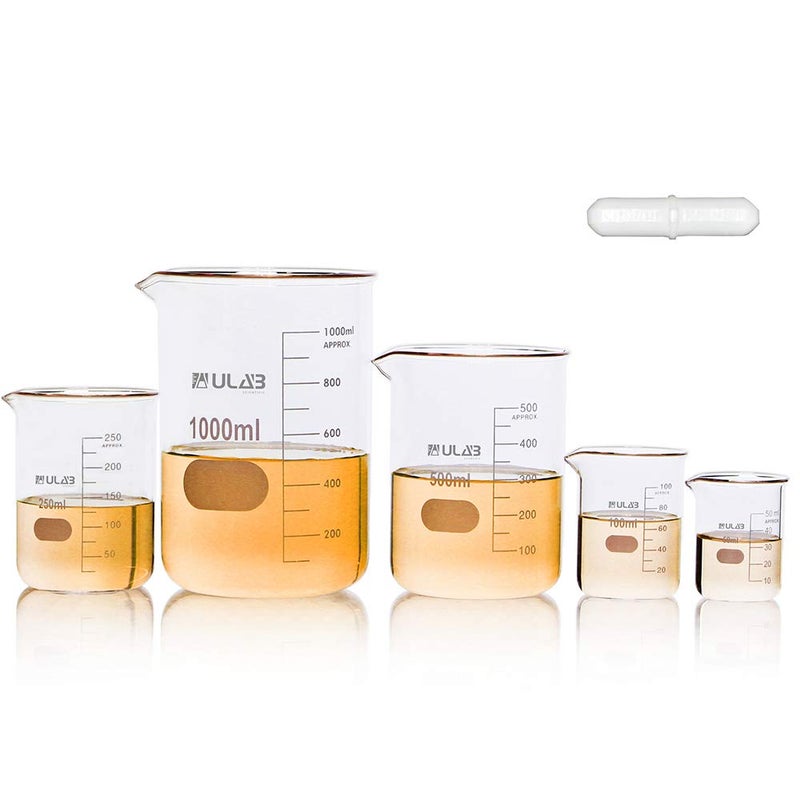 ULAB Scientific Glass Beaker Set with Magnetic Stir Bar Offered 5 Sizes 50ml 100ml 250ml 500ml 1000ml 33 Boro Griffin Low Form with Printed Graduation UBG1002 - Image 2