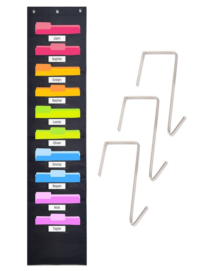 Hippo Creation Black Pocket Chart for Classroom - 10 Pocket Storage Rainbow Pocket Charts , 3 Over Door Hangers Included, Hanging Wall File Organizer for File Folders, School Mailbox, Home/Office Papers - Image 1