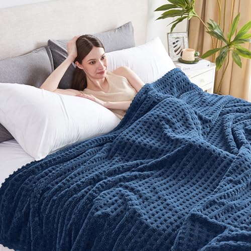 Serenhom Soft Cozy Fuzzy Fleece Throw Blanket, Waffle Navy Blue, 50x60 Inches – Lightweight, Fluffy, and Warm 3D Jacquard All-Season Blanket for Couch, Bed, Sofa, Home Decor, Camping, and Travel - Image 2