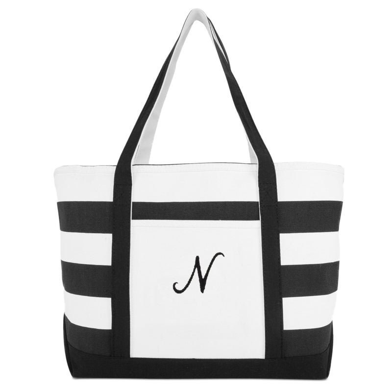 DALIX Striped Beach Bag Tote Bags Satchel Personalized Black Ballent Letter N - Image 2