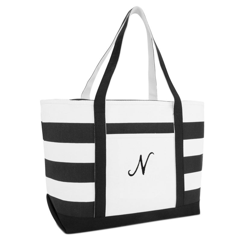 DALIX Striped Beach Bag Tote Bags Satchel Personalized Black Ballent Letter N - Image 1