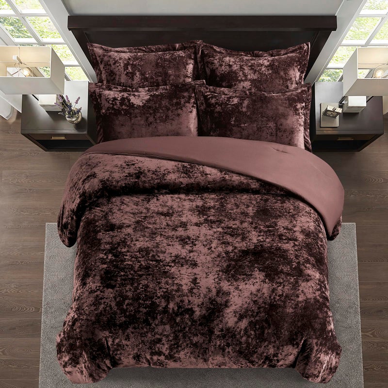 Fredsure Distressed Velvet Comforter Set, 5 Pieces Brown Queen, Distressed Velvet Face and Brushed Microfiber Reverse - Image 3