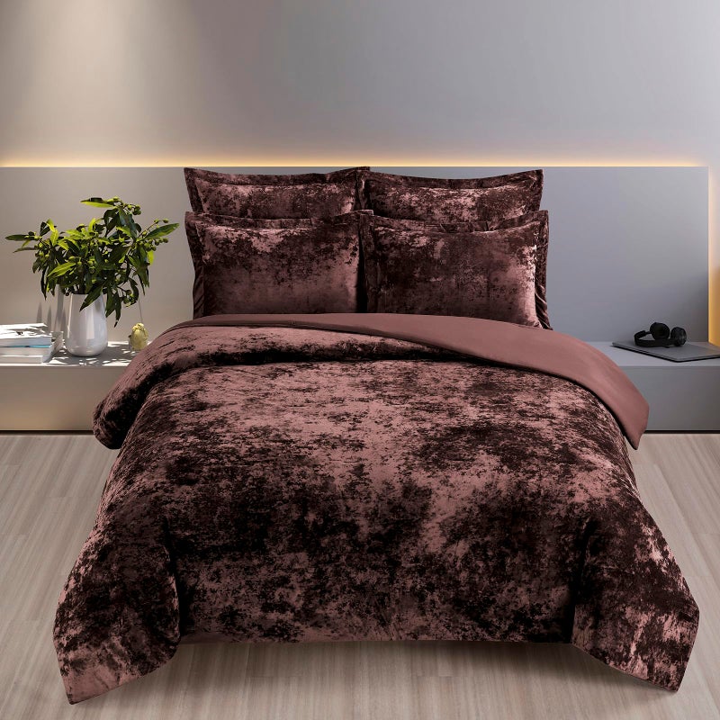 Fredsure Distressed Velvet Comforter Set, 5 Pieces Brown Queen, Distressed Velvet Face and Brushed Microfiber Reverse - Image 2