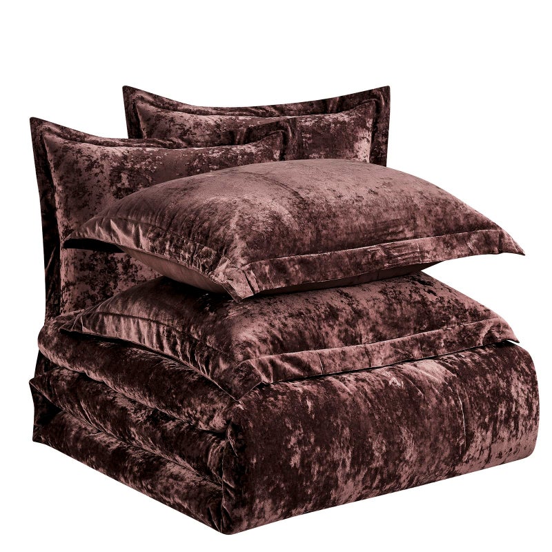 Fredsure Distressed Velvet Comforter Set, 5 Pieces Brown Queen, Distressed Velvet Face and Brushed Microfiber Reverse - Image 5