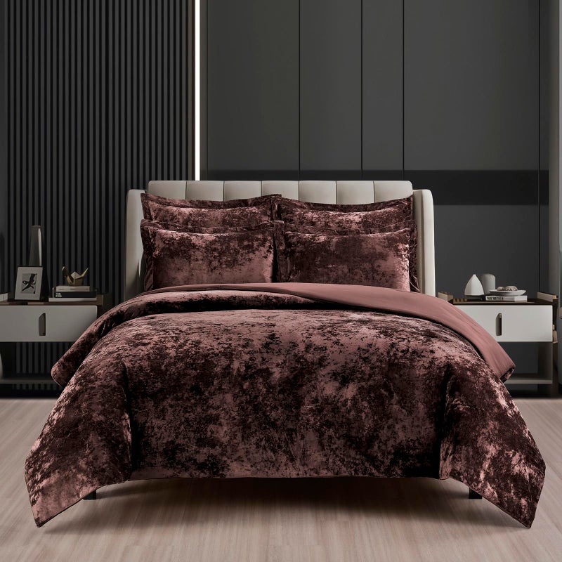 Fredsure Distressed Velvet Comforter Set, 5 Pieces Brown Queen, Distressed Velvet Face and Brushed Microfiber Reverse - Image 1