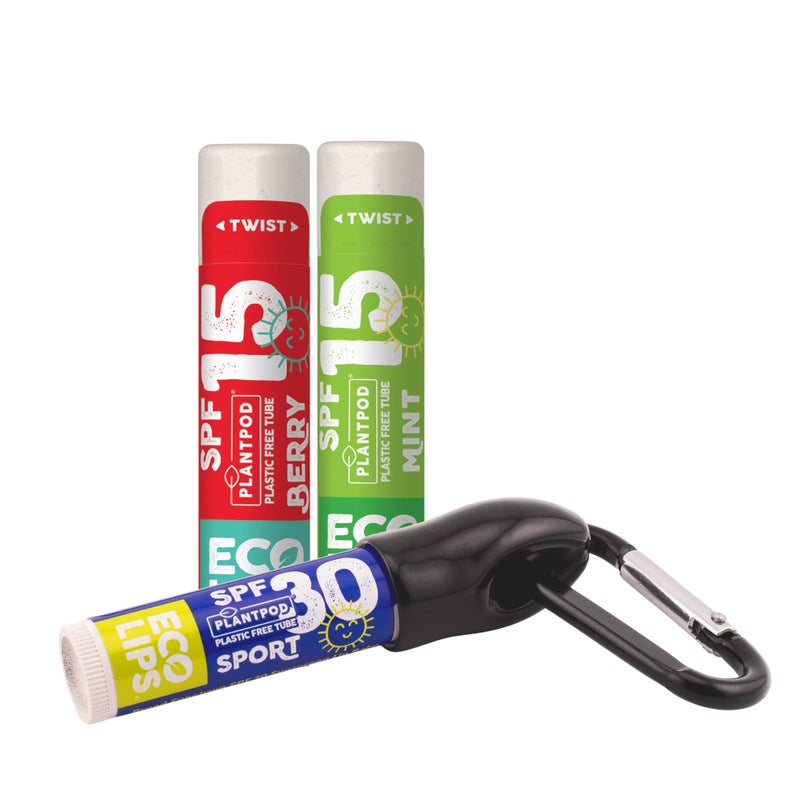 Eco Lips Broad Spectrum SPF Sun Protection Lip Balm 3-Pack with Carabiner Eco Clip (Berry, Vanilla, Mint) With Cocoa Butter & Aloe to Moisturize Lips | Made in USA - Image 1